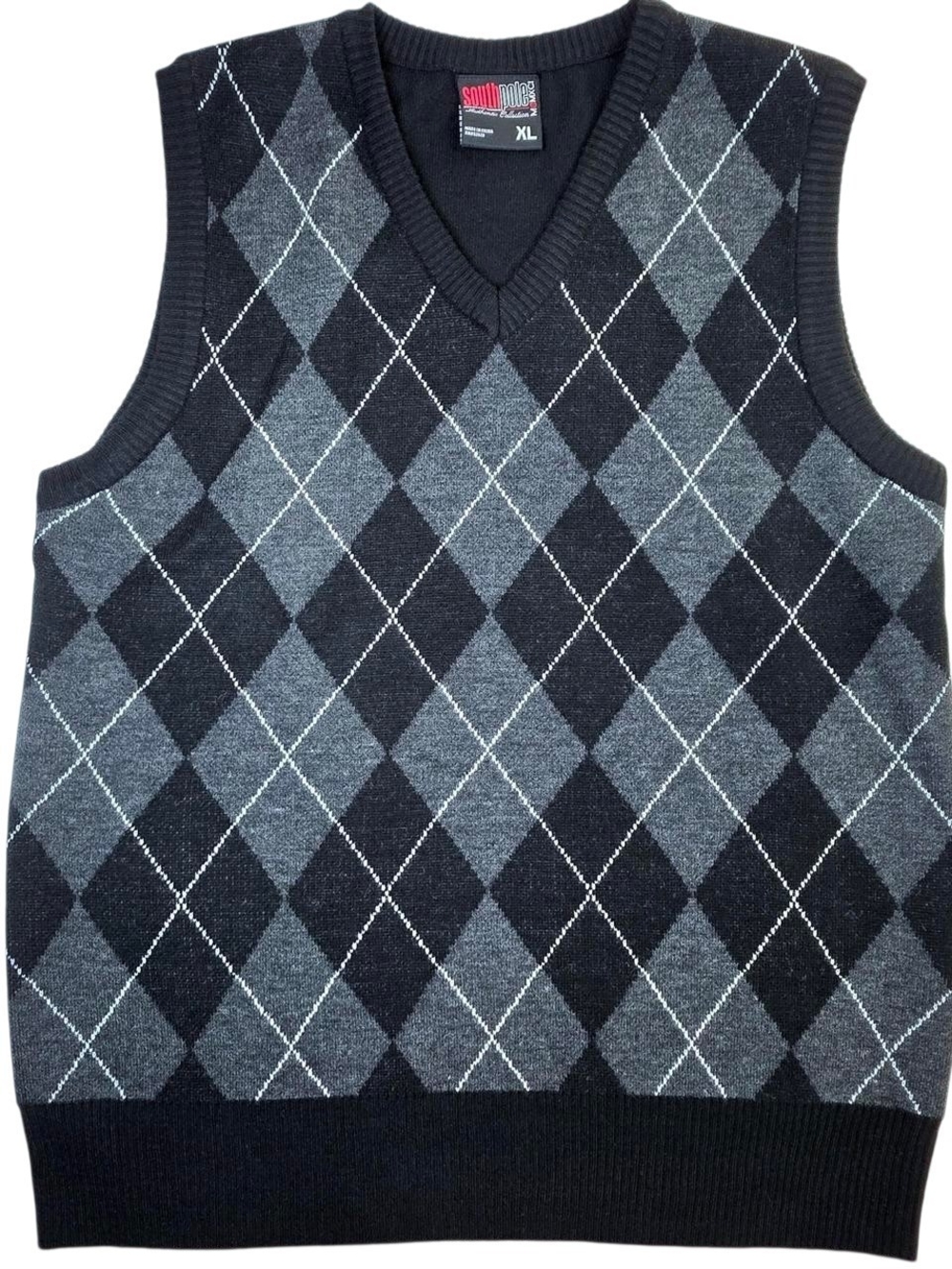South Pole Men's Black & Gray Argyle V-Neck Sweater Vest-Size XL